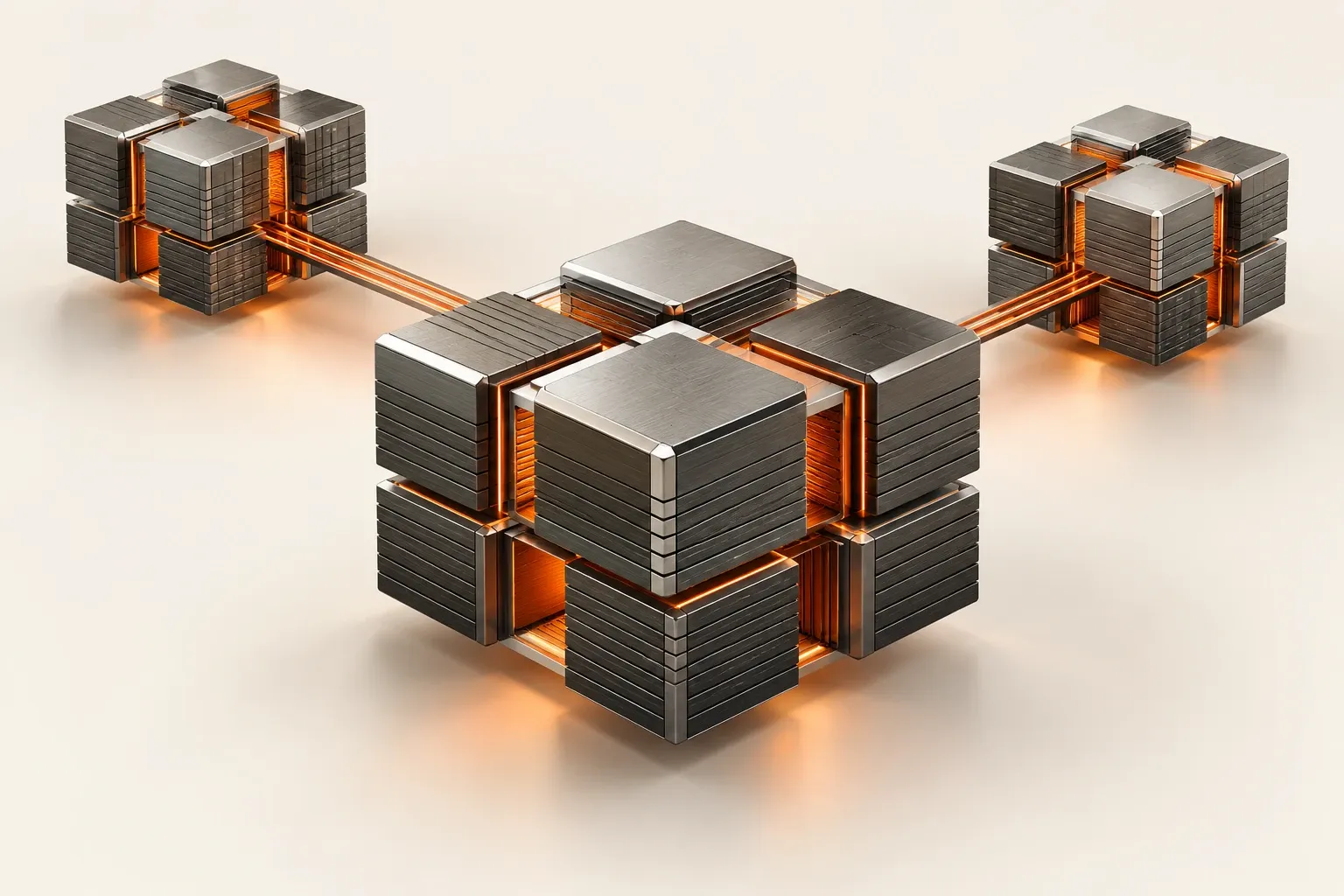 Premium 3D blockchain network: interconnected graphite titanium ledger blocks with orange inner surfaces on a warm ivory background.